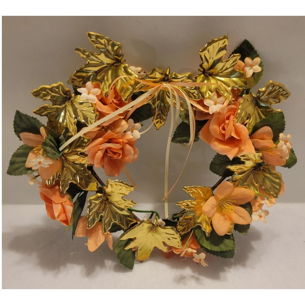 Vtg retro 80s Floral Wreath‎ Unisex OS Peach Gold Shabby Chic Heart Wall Decor